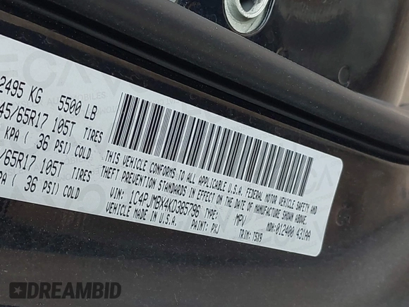 2019 Jeep Cherokee Trailhawk Elite with VIN 1C4PJMBX4KD385796, listed as a IAAI auction lot 41557577 with 55,700 mi miles. Bid and sale history available at carsss.com. Image 9.