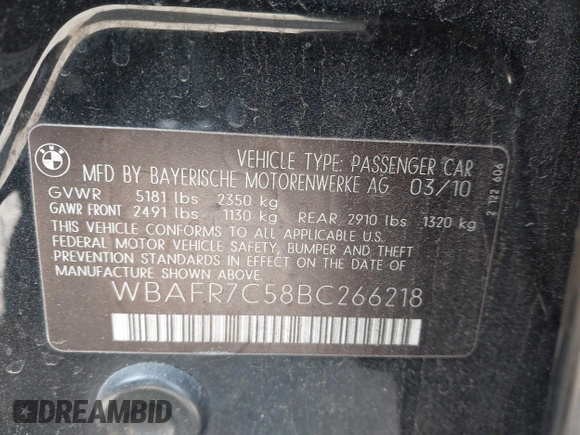 2011 BMW 5 Series 535i with VIN WBAFR7C58BC266218, listed as a IAAI auction lot 42116669 with 217,150 mi miles and . Bid and sale history available at carsss.com. Image 9.