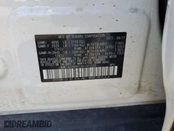 2017 Subaru Outback Premium z VIN 4S4BSACC8H3422523, wystawiony jako Copart lot #54901525 z przebiegiem 106 373 mil mil oraz Szkoda całkowita • Salvage title. Historia ofert i sprzedaży dostępna na DreamBid. Obrazek 12.