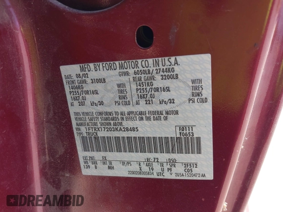 2003 Ford F-150 XL with VIN 1FTRX17203KA28485, listed as a IAAI auction lot 42503359 with 221,432 mi miles and . Bid and sale history available at DreamBid. Image 9.