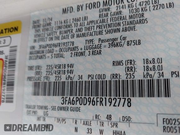 2015 Ford Fusion Titanium with VIN 3FA6P0D96FR192778, listed as a IAAI auction lot 41643030 with 141,805 mi miles. Bid and sale history available at carsss.com. Image 9.