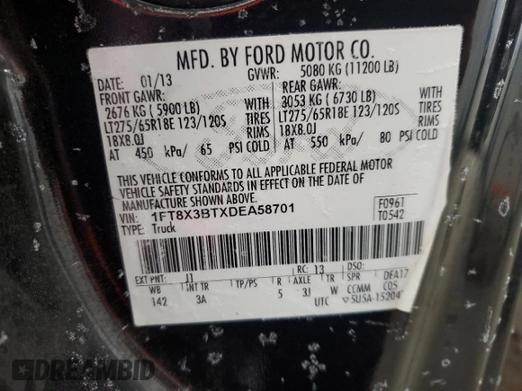 2013 Ford F-350 XL с VIN 1FT8X3BTXDEA58701, выставлен на аукционе Copart как лот 42200085 с пробегом 167 680 миль миль и Списание • Salvage title. История ставок и продаж доступна на DreamBid. Изображение 14.
