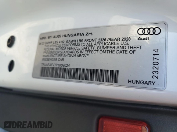 2023 Audi TT z VIN TRUAEAFV7P1008024, wystawiony jako Copart lot #89308605 z przebiegiem 10 707 mil mil oraz Szkoda całkowita • Salvage title. Historia ofert i sprzedaży dostępna na DreamBid. Obrazek 12.