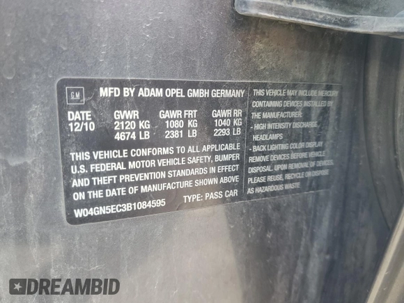 2011 Buick Regal CXL RL1 with VIN W04GN5EC3B1084595, listed as a Copart auction lot 57795975 with 110,697 mi miles and Salvage title. Bid and sale history available at DreamBid. Image 12.