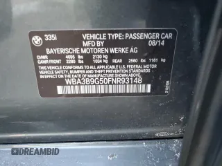 2015 BMW 3 Series 335i xDrive with VIN WBA3B9G50FNR93148, listed as a Copart auction lot 43571925 with 119,092 mi miles and Salvage Title. Bid and sale history available at carsss.com. Image 14.