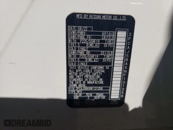 2022 Infiniti QX50 LUXE with VIN 3PCAJ5BAXNF121258, listed as a Copart auction lot 78005704 with 44,545 mi miles and Salvage Title. Bid and sale history available at carsss.com. Image 13.