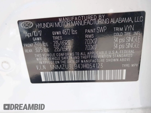 2018 Hyundai Santa Fe 2.4L with VIN 5NMZU3LB4JH054123, listed as a IAAI auction lot 42471320 with 53,464 mi miles and . Bid and sale history available at DreamBid. Image 9.