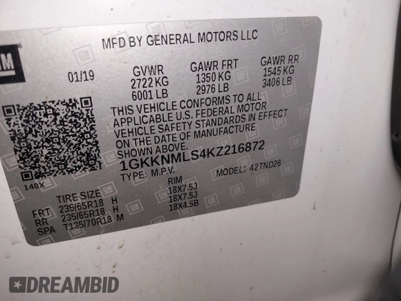 2019 GMC Acadia SLT with VIN 1GKKNMLS4KZ216872, listed as a IAAI auction lot 41269375 with 110,473 mi miles. Bid and sale history available at carsss.com. Image 9.