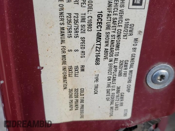 1996 Chevrolet Silverado 1500 with VIN 1GCEC14MXTZ216468, listed as a Copart auction lot 44138675 with 199,527 mi miles and Clean Title. Bid and sale history available at DreamBid. Image 12.