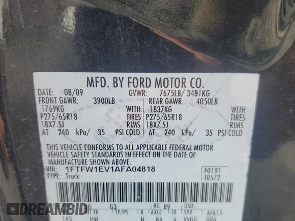 2010 Ford F-150 XL z VIN 1FTFW1EV1AFA04818, wystawiony jako Copart lot #63606265 z przebiegiem 174 699 mil mil oraz Szkoda całkowita • Salvage title. Historia ofert i sprzedaży dostępna na DreamBid. Obrazek 12.