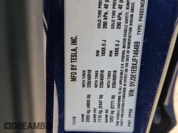 2018 Tesla Model 3 Long Range Battery z VIN 5YJ3E1EBXJF146469, wystawiony jako Copart lot #60101515 z przebiegiem 131 507 mil mil oraz Czysty tytuł • Clean title. Historia ofert i sprzedaży dostępna na DreamBid. Obrazek 12.