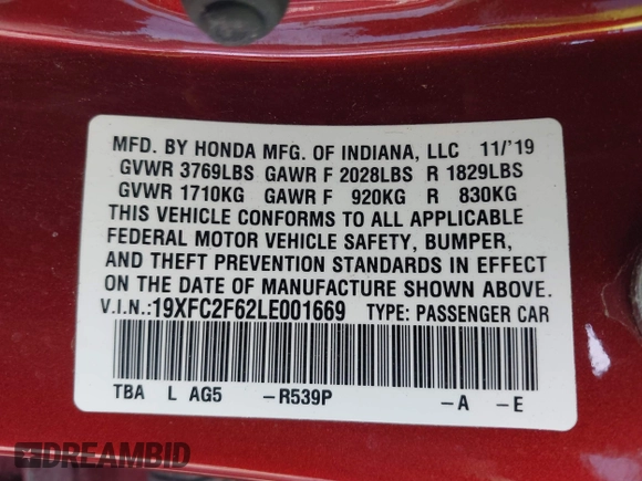 2020 Honda Civic LX с VIN 19XFC2F62LE001669, выставлен на аукционе IAAI как лот 41935062 с пробегом 68 285 миль миль и . История ставок и продаж доступна на DreamBid. Изображение 9.
