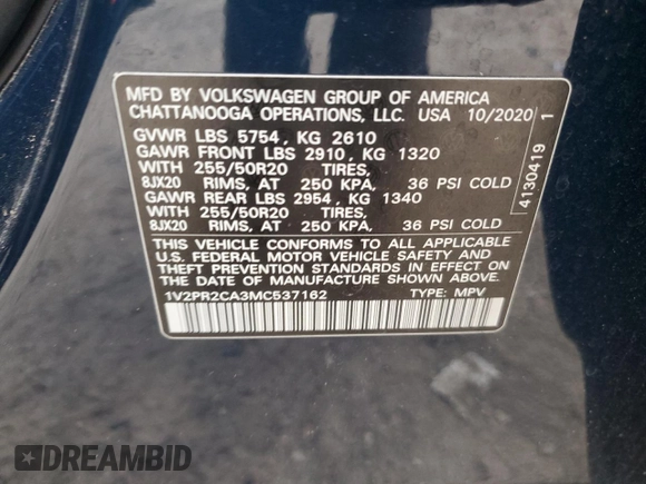 2021 Volkswagen Atlas SE with VIN 1V2PR2CA3MC537162, listed as a Copart auction lot 87914555 with 50,699 mi miles and Clean title. Bid and sale history available at DreamBid. Image 15.