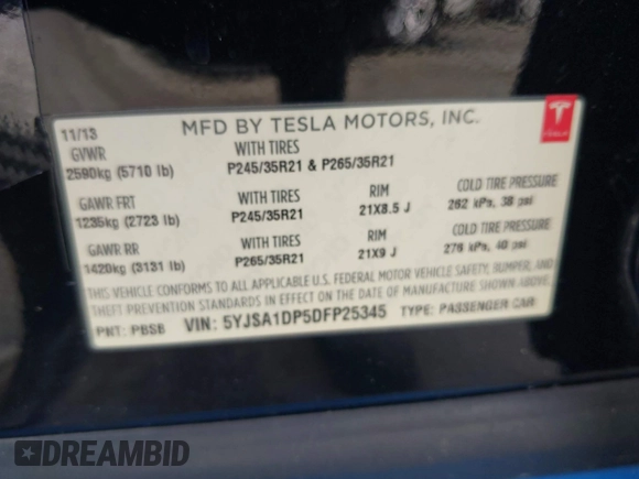 2013 Tesla Model S Performance with VIN 5YJSA1DP5DFP25345, listed as a IAAI auction lot 42288379 with 165,915 mi miles and . Bid and sale history available at DreamBid. Image 9.