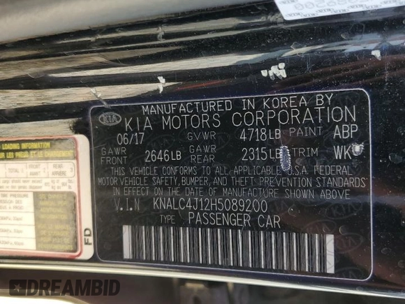 2017 Kia Cadenza Premium with VIN KNALC4J12H5089200, listed as a Copart auction lot 78599884 with 108,615 mi miles and Salvage Title. Bid and sale history available at carsss.com. Image 13.