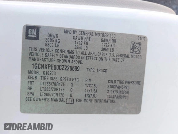 2012 Chevrolet Silverado 1500 Work Truck with VIN 1GCNKPE00CZ220689, listed as a IAAI auction lot 42223332 with 82,699 mi miles and . Bid and sale history available at DreamBid. Image 9.