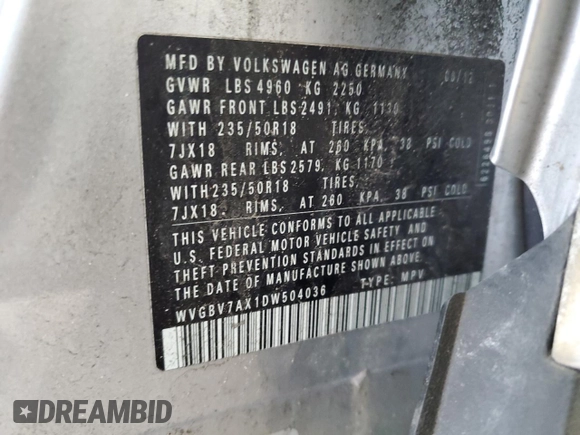 2013 Volkswagen Tiguan SE with VIN WVGBV7AX1DW504036, listed as a Copart auction lot 61126145 with 148,399 mi miles and Salvage title. Bid and sale history available at DreamBid. Image 14.