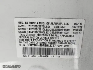 2015 Acura MDX Tech Pkg with VIN 5FRYD4H49FB012727, listed as a IAAI auction lot 41397797 with 134,347 mi miles. Bid and sale history available at carsss.com. Image 9.