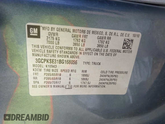 2011 Chevrolet Silverado 1500 LT with VIN 3GCPKSE31BG168056, listed as a IAAI auction lot 41877462 with 148,638 mi miles and . Bid and sale history available at DreamBid. Image 9.