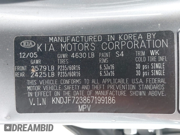 2006 Kia Sportage LX with VIN KNDJF723867199186, listed as a IAAI auction lot 41491243 with 120,049 mi miles and . Bid and sale history available at carsss.com. Image 9.