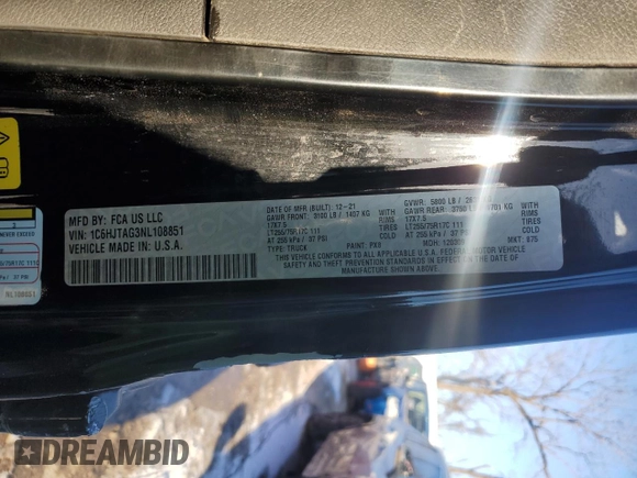 2022 Jeep Gladiator Sport S with VIN 1C6HJTAG3NL108851, listed as a Copart auction lot 38134614 with 17,017 mi miles and Salvage title. Bid and sale history available at DreamBid. Image 14.