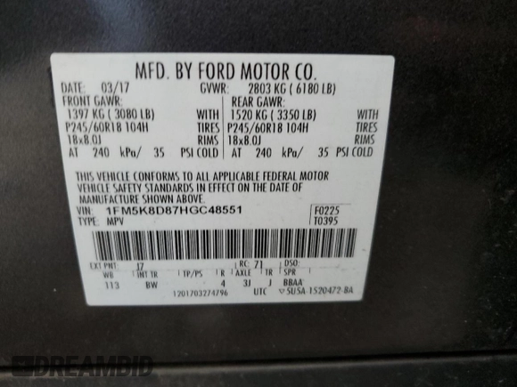 2017 Ford Explorer XLT с VIN 1FM5K8D87HGC48551, выставлен на аукционе Copart как лот 59278595 с пробегом 138 096 миль миль и Чистый • Clean title. История ставок и продаж доступна на DreamBid. Изображение 13.