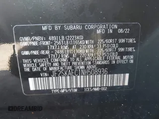 2022 Subaru Forester Premium with VIN JF2SKAEC1NH508936, listed as a IAAI auction lot 42028128 with 71,510 mi miles and . Bid and sale history available at DreamBid. Image 9.