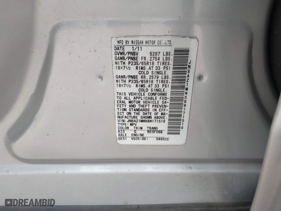 2011 Nissan Murano SV with VIN JN8AZ1MWXBW171518, listed as a IAAI auction lot 41794252 with 98,116 mi miles. Bid and sale history available at carsss.com. Image 9.