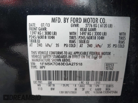 2014 Ford Explorer XLT с VIN 1FM5K7D83EGA27518, выставлен на аукционе IAAI как лот 42429172 с пробегом 176 067 миль миль и . История ставок и продаж доступна на DreamBid. Изображение 9.