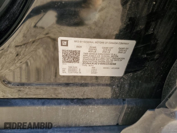2021 Chevrolet Equinox LT with VIN 2GNAXUEV4M6104698, listed as a Copart auction lot 82340624 with 106,235 mi miles and Salvage Title. Bid and sale history available at DreamBid. Image 13.