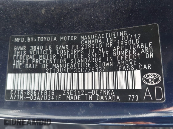 2012 Toyota Corolla L with VIN 2T1BU4EE3CC779137, listed as a IAAI auction lot 42008243 with 123,760 mi miles. Bid and sale history available at carsss.com. Image 9.