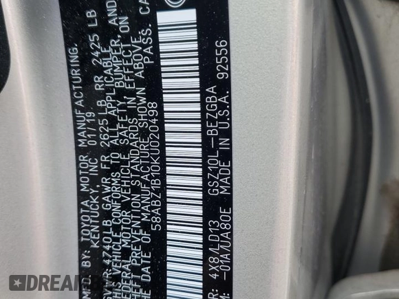 2019 Lexus ES 350 with VIN 58ABZ1B10KU020498, listed as a Copart auction lot 51284535 with 61,157 mi miles and Salvage Title. Bid and sale history available at DreamBid. Image 14.