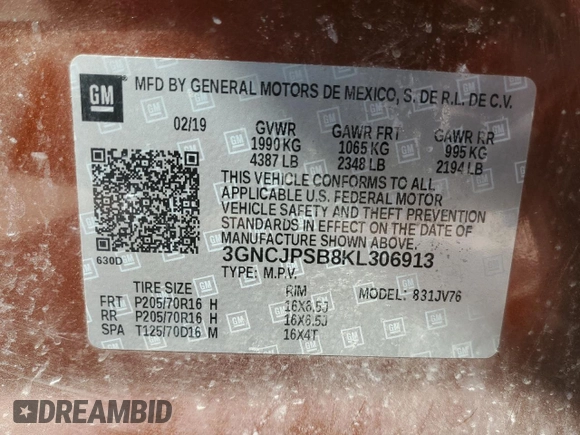 2019 Chevrolet Trax LT with VIN 3GNCJPSB8KL306913, listed as a Copart auction lot 48606655 with 100,038 mi miles and Salvage Title. Bid and sale history available at carsss.com. Image 14.