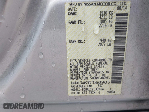 2015 Nissan Altima SL with VIN 1N4AL3AP2FC160905, listed as a IAAI auction lot 41829459 with 119,317 mi miles and . Bid and sale history available at DreamBid. Image 9.