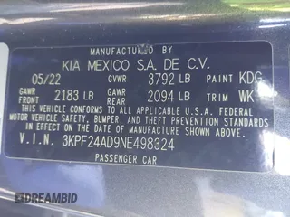 2022 Kia Forte LXS with VIN 3KPF24AD9NE498324, listed as a IAAI auction lot 41656873 with 53,604 mi miles. Bid and sale history available at carsss.com. Image 9.