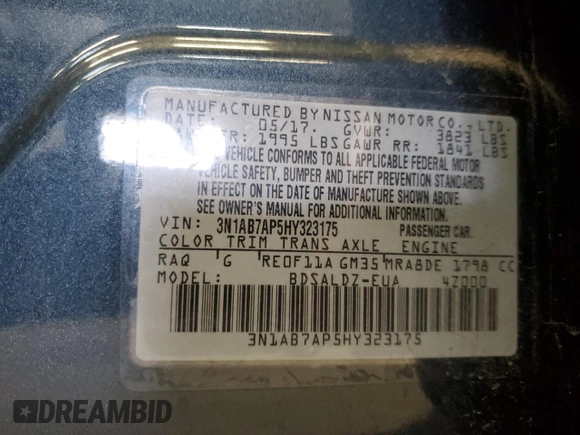 2017 Nissan Sentra S with VIN 3N1AB7AP5HY323175, listed as a Copart auction lot 53069915 with 92,239 mi miles and Salvage Title. Bid and sale history available at DreamBid. Image 12.
