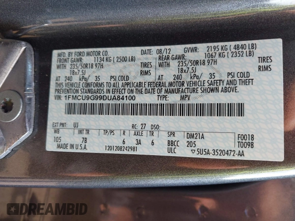 2013 Ford Escape SE с VIN 1FMCU9G99DUA84100, выставлен на аукционе IAAI как лот 42790738 с пробегом 130 641 миль миль и . История ставок и продаж доступна на DreamBid. Изображение 9.
