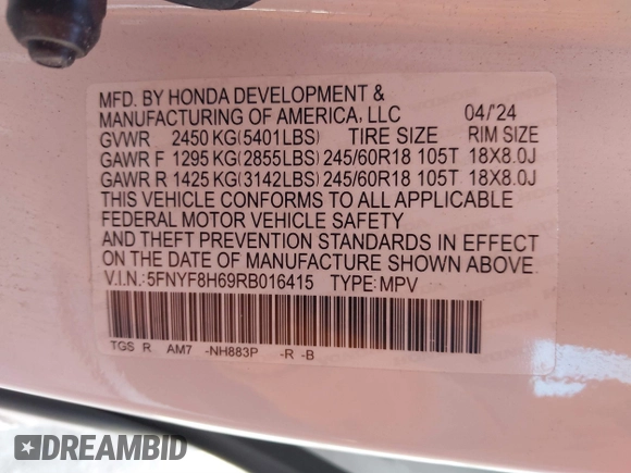 2024 Honda Passport TrailSport with VIN 5FNYF8H69RB016415, listed as a IAAI auction lot 41701049 with 10,365 mi miles and . Bid and sale history available at DreamBid. Image 9.