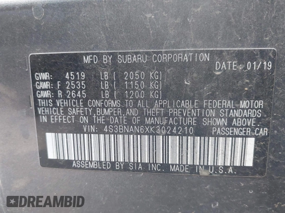 2019 Subaru Legacy Limited with VIN 4S3BNAN6XK3024210, listed as a IAAI auction lot 42303381 with 146,816 mi miles and . Bid and sale history available at DreamBid. Image 9.