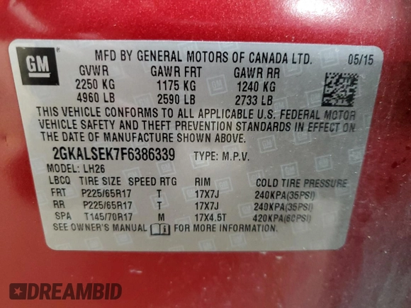 2015 GMC Terrain SLT with VIN 2GKALSEK7F6386339, listed as a Copart auction lot 44864865 with 93,737 mi miles and Salvage Title. Bid and sale history available at carsss.com. Image 15.