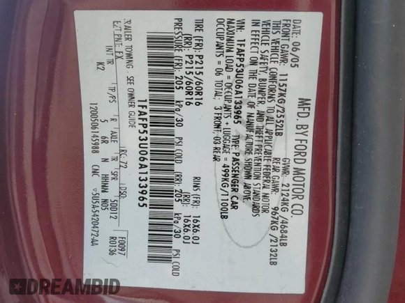 2006 Ford Taurus SE with VIN 1FAFP53U06A133965, listed as a Copart auction lot 60525015 with Not provided miles and Salvage title. Bid and sale history available at DreamBid. Image 12.