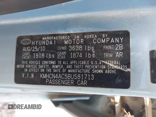 2011 Hyundai Accent GLS with VIN KMHCN4AC5BU581713, listed as a IAAI auction lot 42188420 with 170,380 mi miles and . Bid and sale history available at DreamBid. Image 9.