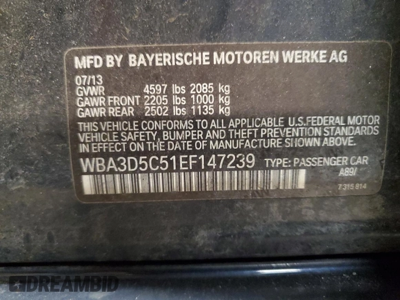 2014 BMW 3 Series 328d xDrive with VIN WBA3D5C51EF147239, listed as a Copart auction lot 50335085 with 103,591 mi miles and Salvage Title. Bid and sale history available at carsss.com. Image 13.