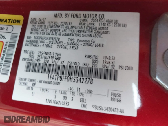 2017 Ford Mustang GT Premium with VIN 1FATP8FF0H5342278, listed as a IAAI auction lot 42397127 with 63,688 mi miles and . Bid and sale history available at DreamBid. Image 9.