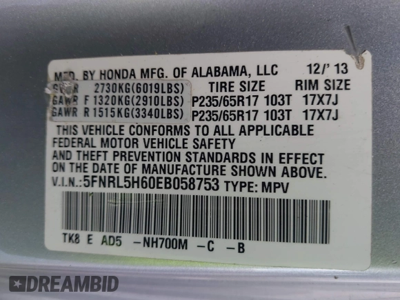 2014 Honda Odyssey EX-L with VIN 5FNRL5H60EB058753, listed as a IAAI auction lot 42595221 with 194,995 mi miles and . Bid and sale history available at DreamBid. Image 9.