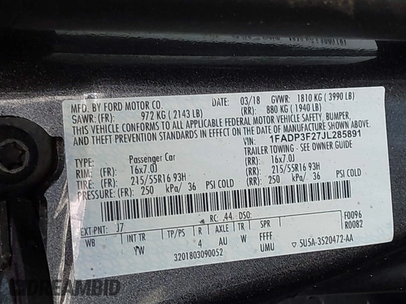 2018 Ford Focus SE with VIN 1FADP3F27JL285891, listed as a IAAI auction lot 41750264 with 103,815 mi miles. Bid and sale history available at carsss.com. Image 9.