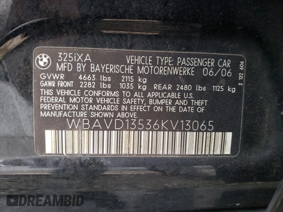 2006 BMW 3 Series 325xi with VIN WBAVD13536KV13065, listed as a Copart auction lot 81038394 with 0 mi miles and Salvage Title. Bid and sale history available at carsss.com. Image 13.