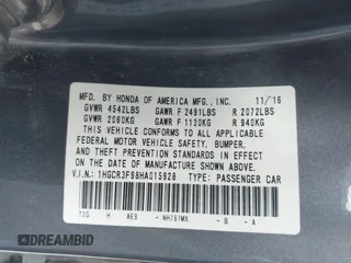 2017 Honda Accord Touring with VIN 1HGCR3F98HA015928, listed as a IAAI auction lot 42553437 with 168,902 mi miles and . Bid and sale history available at DreamBid. Image 9.