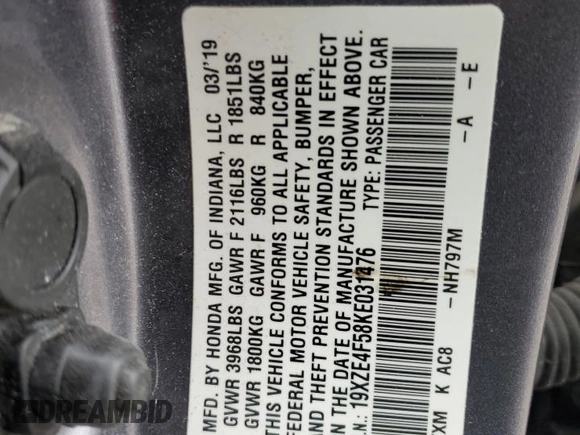 2019 Honda Insight EX with VIN 19XZE4F58KE031476, listed as a Copart auction lot 50836245 with 103,894 mi miles and Salvage Title. Bid and sale history available at DreamBid. Image 12.