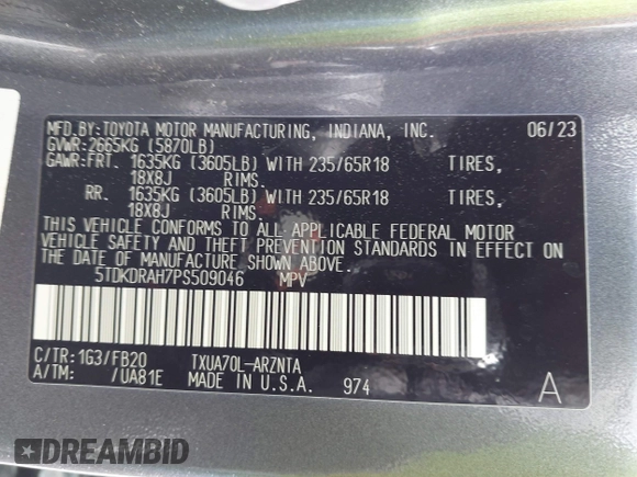 2023 Toyota Highlander L z VIN 5TDKDRAH7PS509046, wystawiony jako IAAI lot #41572986 z przebiegiem 50 039 mil mil oraz . Historia ofert i sprzedaży dostępna na DreamBid. Obrazek 9.